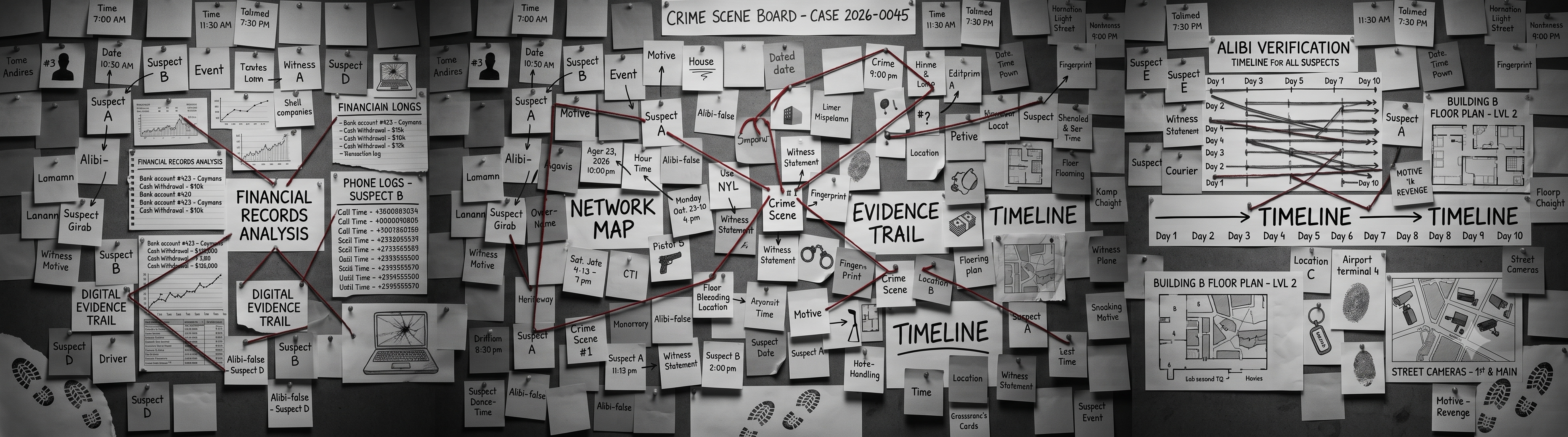 Sticky notes and evidence tape covering an entire office wall